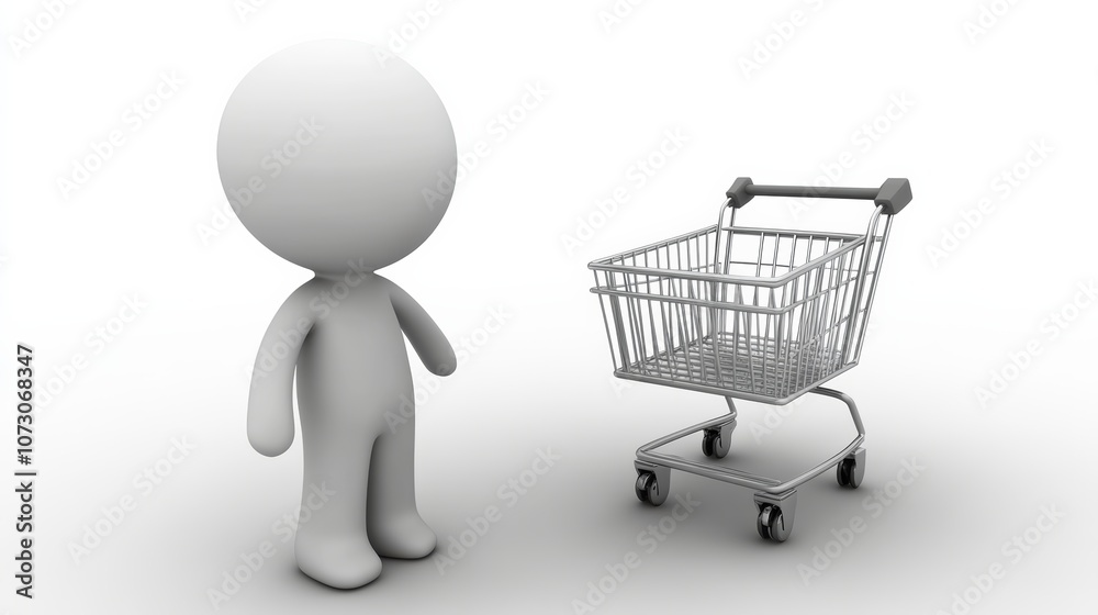 3d Man is standing next to a shopping cart 3d Man is standing next to a shopping cart