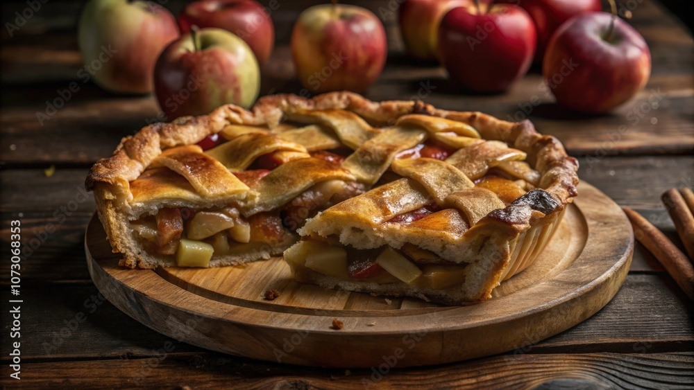 A Slice of Homemade Apple Pie on a Wooden Cutting Board with a Rustic Background A Slice of Homemade Apple Pie on a Wooden Cutting Board with a Rustic Background