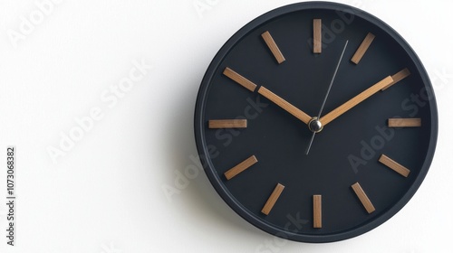 Concept of running out of time. A minimalist black wall clock with wooden hour markers and hands, adding a modern touch to any space