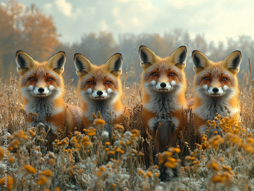 Group red foxes exploring snow field golden grass,curious pack behavior beautifully detailed nature scene wildlife environmental,back,fisheye,orange,fruit,walk,camera,selfie,wildfloer,wall,art,pet