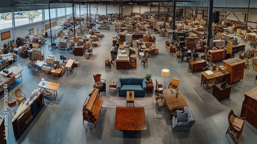 Wide panoramic view of a furniture production facility, capturing wood preparation, assembly, upholstery, and final inspection stations for a variety of furniture pieces.