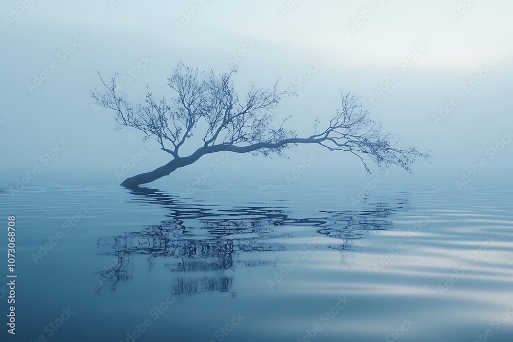 Solitary tree with reflection in blue misty water Solitary tree with reflection in blue misty water