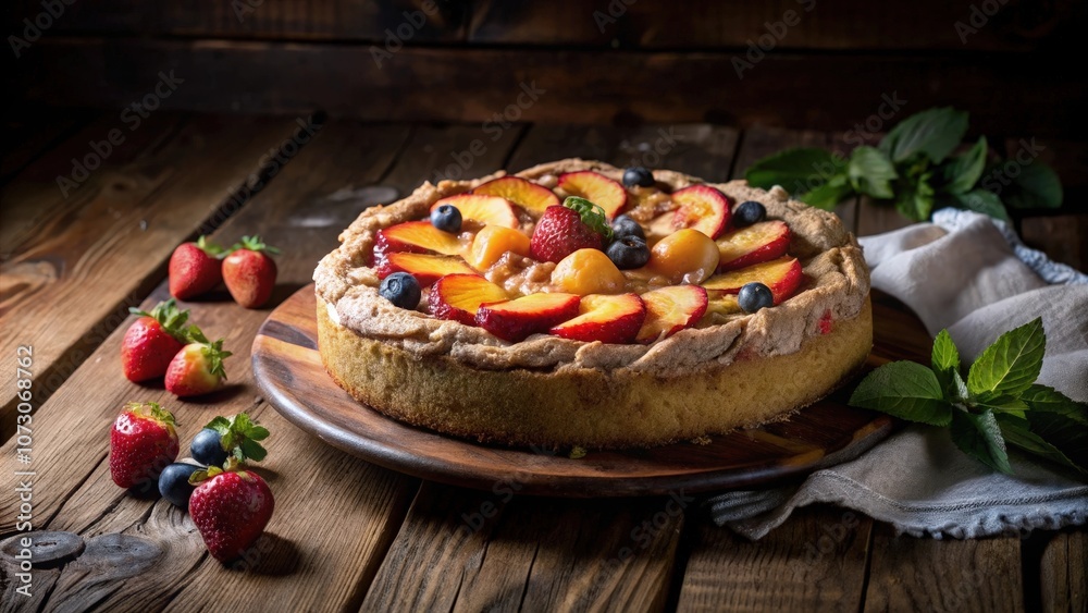 A rustic fruit tart with a golden crust, adorned with plump slices of ripe peaches, juicy strawberries, and plump blueberries, nestled on a wooden board with sprigs of fresh mint. A rustic fruit tart with a golden crust, adorned with plump slices of ripe peaches, juicy strawberries, and plump blueberries, nestled on a wooden board with sprigs of fresh mint.