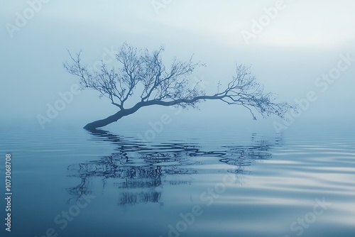 Solitary tree with reflection in blue misty water