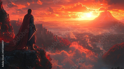 Regal Warrior on Cliff Edge Overlooking Kingdom at Sunset with Detailed Armor and Sword