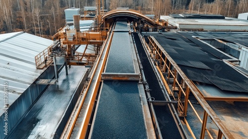 Wide view of a roofing manufacturing line, with a top-level conveyor carrying shingles through a finishing and quality control process.