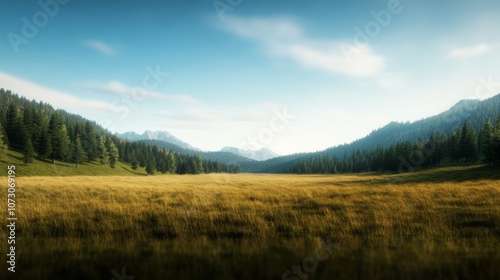 A serene view of a vast meadow surrounded by majestic mountains and lush forests under a clear blue sky.