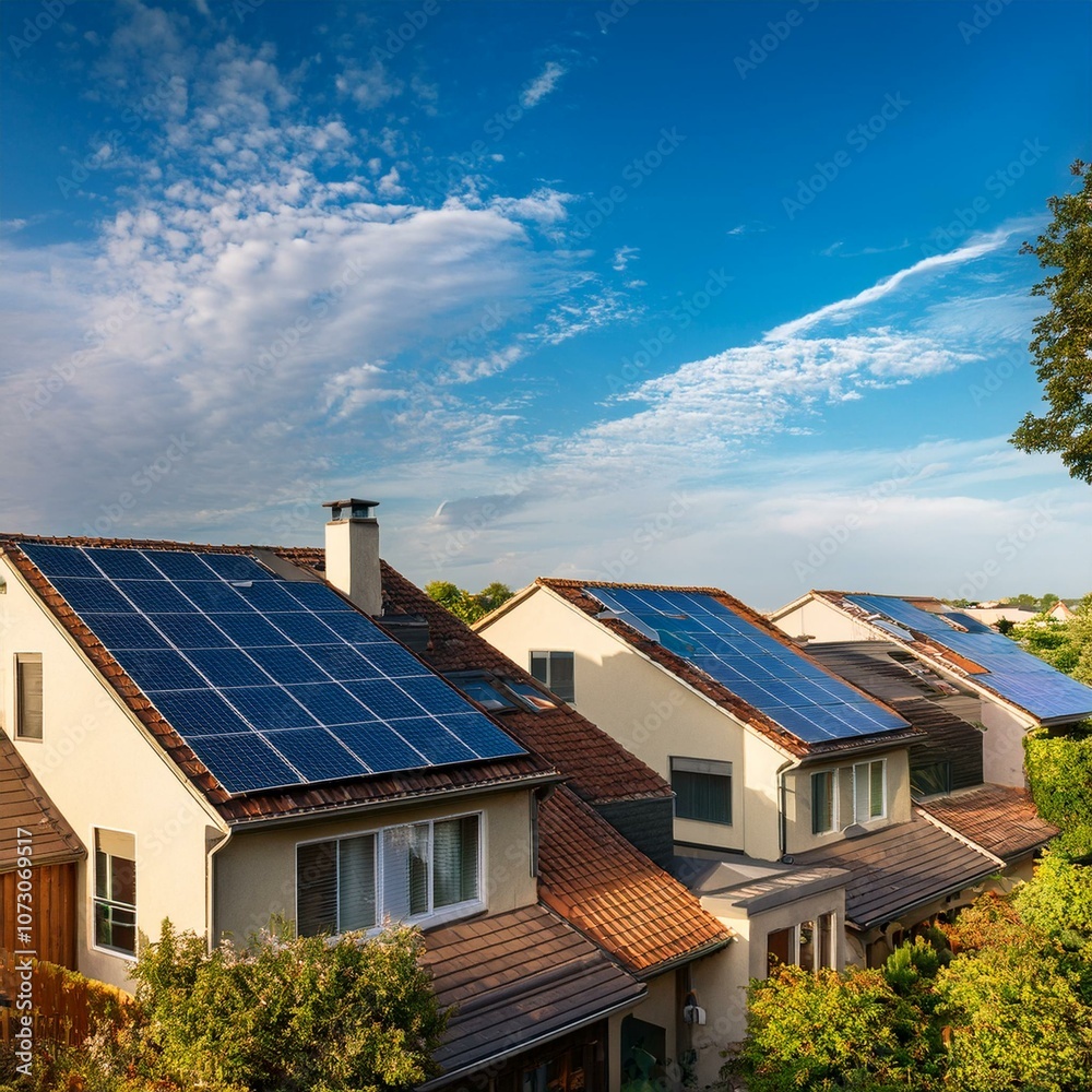 Fototapeta premium A neighborhood with solar panels on rooftops, showcasing renewable energy efforts