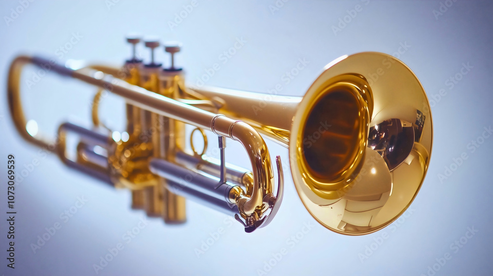 Obraz premium Trumpet horn music, brass wind instrument creating sound, perfect for jazz and classical musical performance, isolated on white background, shiny gold design and melody