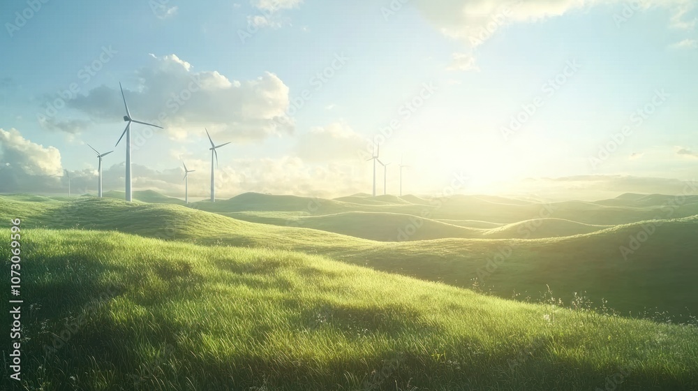 Wind power in action with turbines on a grassy hillside under clear skies. Wind power in action with turbines on a grassy hillside under clear skies.