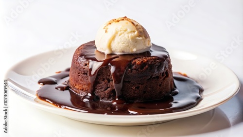 A close-up of a warm chocolate cake with a scoop of vanilla ice cream and a rich chocolate sauce, creating a decadent dessert that melts in your mouth.