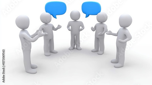 Group of 3d people are standing around a table and talking