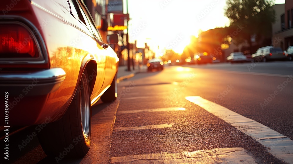 A classic car parked on a sunlit road at sunset, showcasing the charm of retro automobiles in an urban setting. A classic car parked on a sunlit road at sunset, showcasing the charm of retro automobiles in an urban setting.
