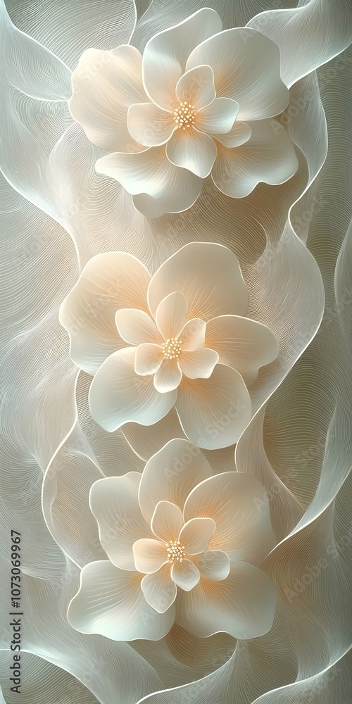 Delicate composition of three soft, creamy white flowers against a light, flowing background, evoking tranquility and elegance. Delicate composition of three soft, creamy white flowers against a light, flowing background, evoking tranquility and elegance.