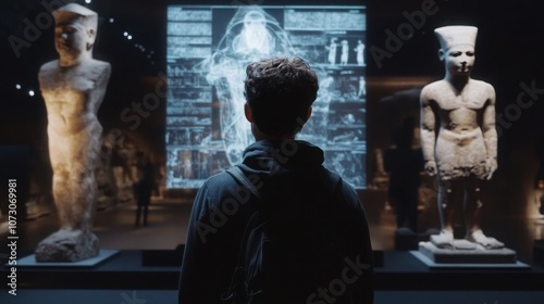 AI analyzing ancient artifacts in a museum, helping to digitally reconstruct historical objects