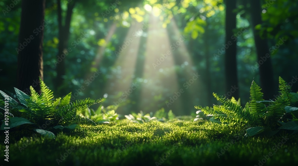 Fototapeta premium A serene forest scene showcasing vibrant ferns bathed in sunlight, creating a tranquil and peaceful atmosphere.