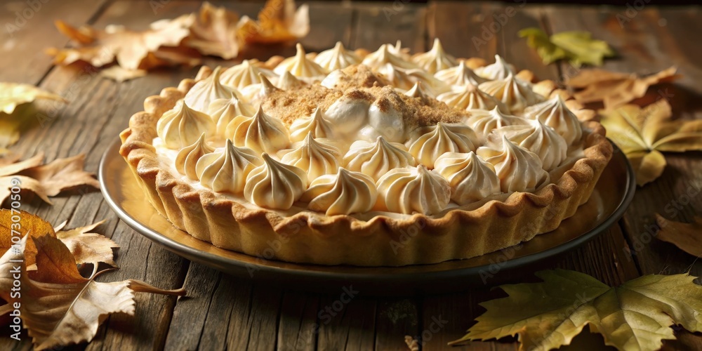 A golden crust pie topped with fluffy swirls of meringue, surrounded by autumn leaves on a rustic wooden table A golden crust pie topped with fluffy swirls of meringue, surrounded by autumn leaves on a rustic wooden table
