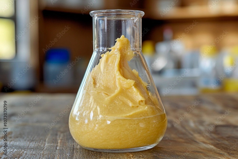 Creative mustard blending in a laboratory flask on a wooden surface. Generative AI Creative mustard blending in a laboratory flask on a wooden surface. Generative AI