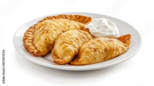 Traditional Polish pierogi with sour cream on a white plate