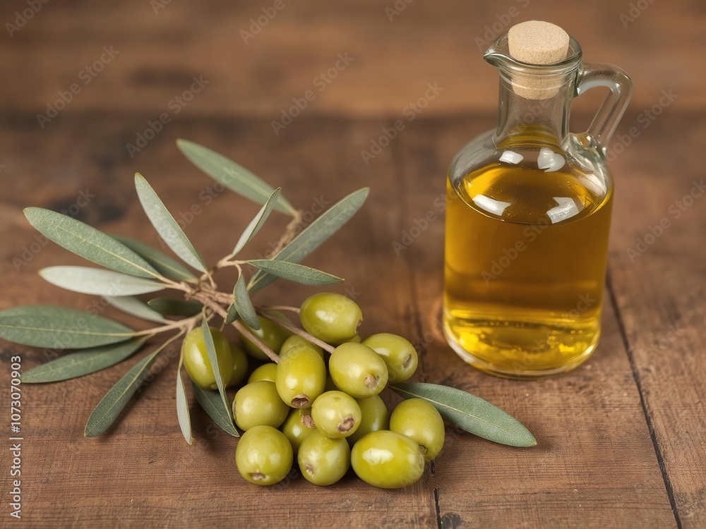 An elegant olive branch with ripe green olives and a glass bottle of fresh olive oil on a rustic wooden table, flavor, antioxidant An elegant olive branch with ripe green olives and a glass bottle of fresh olive oil on a rustic wooden table, flavor, antioxidant