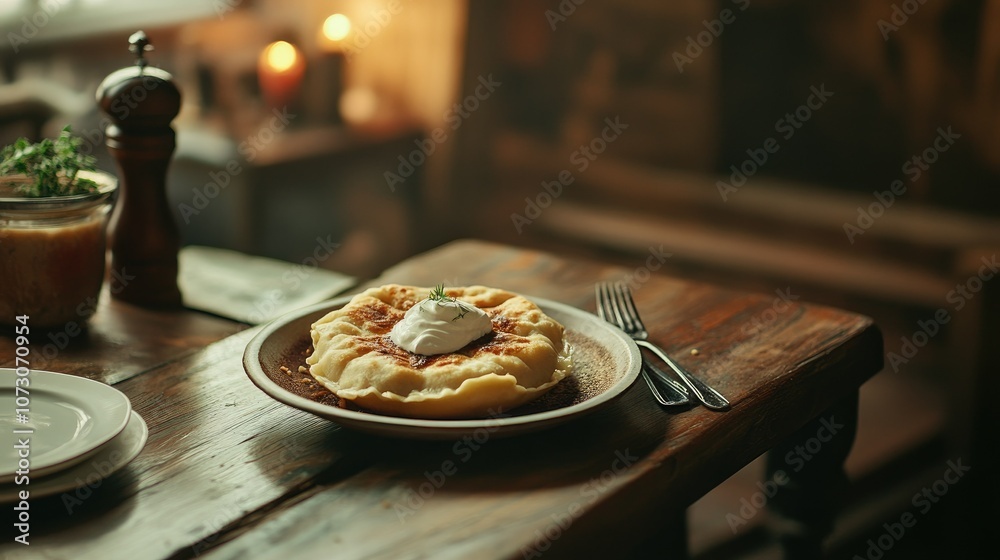 Warm, hearty pierogi with sour cream on a wooden table Warm, hearty pierogi with sour cream on a wooden table