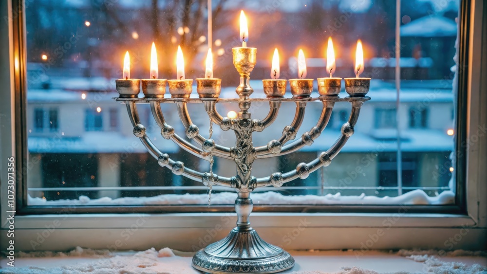 Fototapeta premium A silver menorah with burning candles sits on a windowsill covered in snow, with a view of a snowy cityscape in the background.