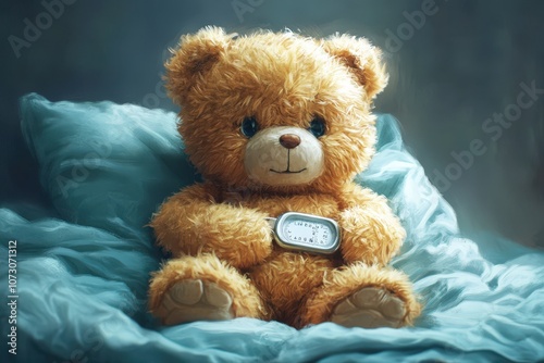 A cuddly teddy bear rests on soft pillows, feeling unwell with a thermometer tucked under its arm in a cozy, gentle atmosphere