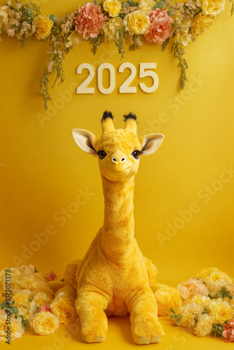 New Year Cards: 2025-themed Cute Neon Background Baby Giraffe Illustrations photo