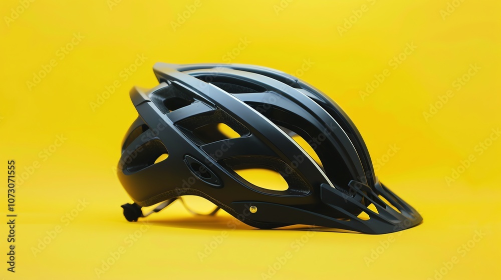 Fototapeta premium A black bicycle helmet on a yellow background.