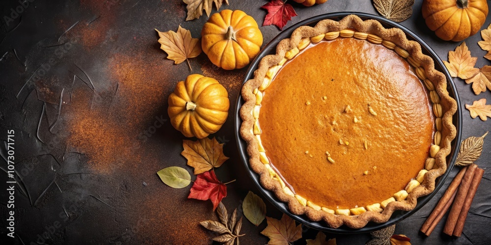 A Homemade Pumpkin Pie with a Flaky Crust, Surrounded by Autumn Leaves and Cinnamon Sticks.