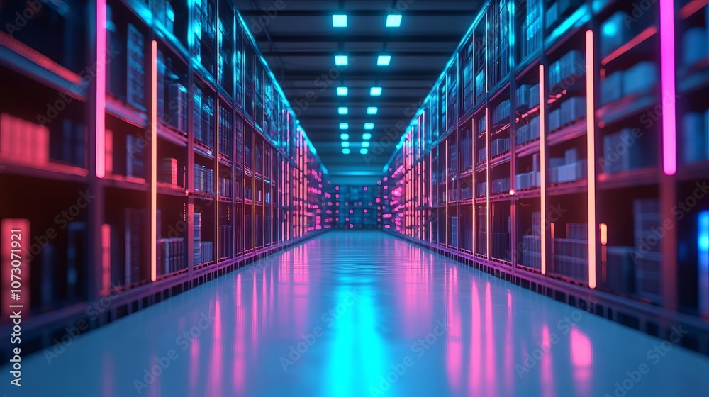 Fototapeta premium Futuristic warehouse interior with vibrant neon lighting and organized shelves.