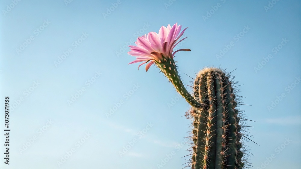 Naklejka premium A solitary pink cactus flower standing tall against the pale blue backdrop of the sky, sky blue, desert solo