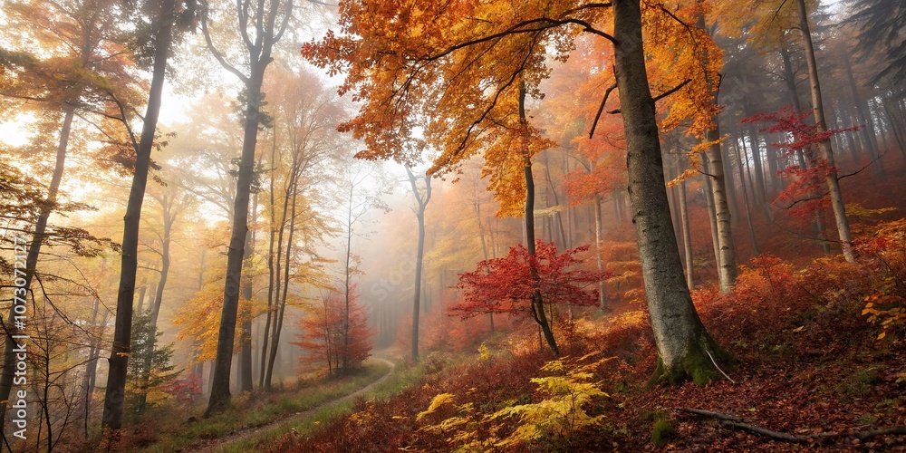 Enchanting Autumn Forest Landscape with Soft Light and Mystical Atmosphere, Capturing the Beauty of Fall Foliage and the Serenity of Nature in a Low Light Setting Enchanting Autumn Forest Landscape with Soft Light and Mystical Atmosphere, Capturing the Beauty of Fall Foliage and the Serenity of Nature in a Low Light Setting
