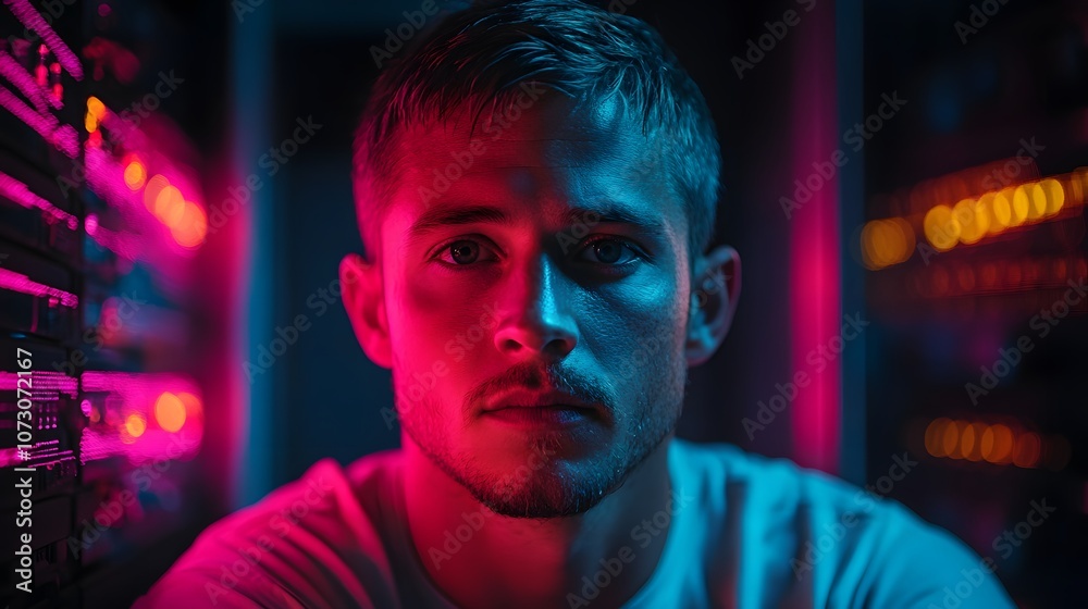 Cybersecurity concept with young man in dark room, glowing digital shields, focused atmosphere Cybersecurity concept with young man in dark room, glowing digital shields, focused atmosphere