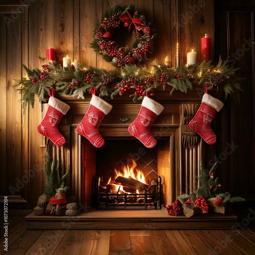 Christmas fireplace with stockings and decorations