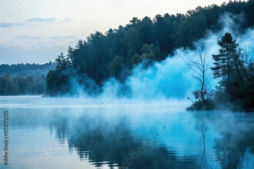 A stunning blue misty fog rising from the surface of a serene lake, peaceful, fog, still