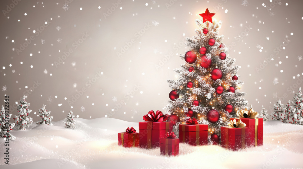 Obraz premium Merry Christmas and new year realistic background with 3d christmas tree adn gifts,