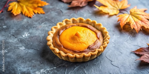 A close-up of a single pumpkin pie with a golden crust resting on a slate surface, surrounded by the warm hues of fallen autumn leaves.