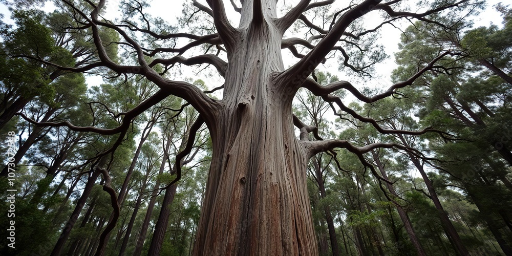 Naklejka premium A towering eucalyptus tree stands alone in the forest, its rough bark slowly peeling away from the trunk as the wind whispers through the leaves, bark, woodgrain, eucalyptus