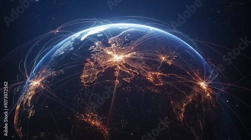 Earth with bright lines connecting cities, symbolizing information flow