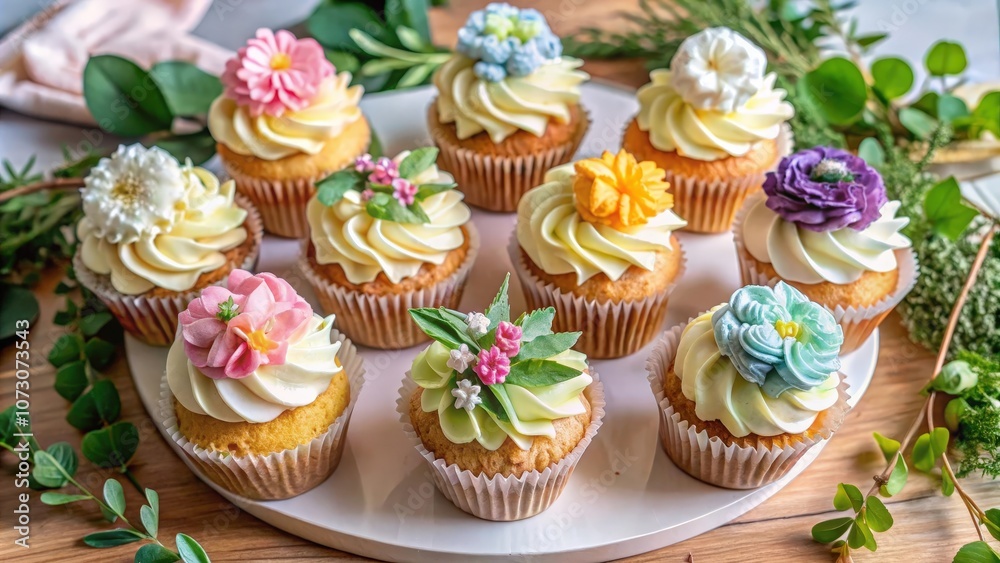 Delicate floral cupcakes with vanilla buttercream frosting arranged on a white cake stand, surrounded by greenery. Delicate floral cupcakes with vanilla buttercream frosting arranged on a white cake stand, surrounded by greenery.