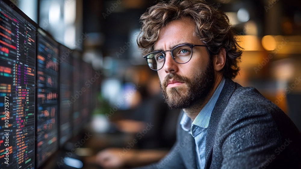 Banking professional with digital tech for finance, big data analysis in sleek corporate office Banking professional with digital tech for finance, big data analysis in sleek corporate office