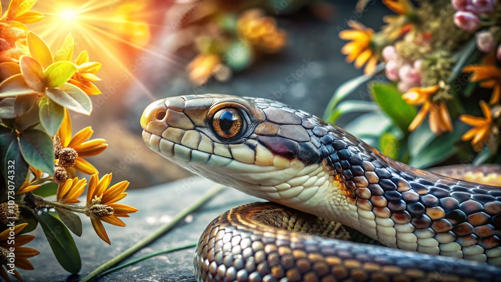 Obraz premium Enchanting Snake with Lush Eyelashes in Nature, Captivating Beauty and Elegance in a Serene Environment, Perfect for Wildlife and Fantasy Themes