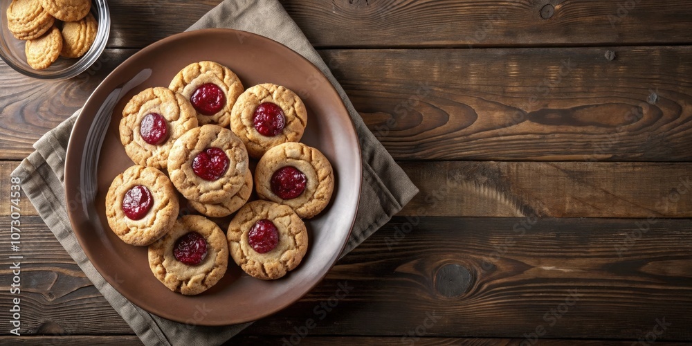 A rustic wooden background with a plate of homemade jam filled cookies, perfect for a sweet treat. A rustic wooden background with a plate of homemade jam filled cookies, perfect for a sweet treat.