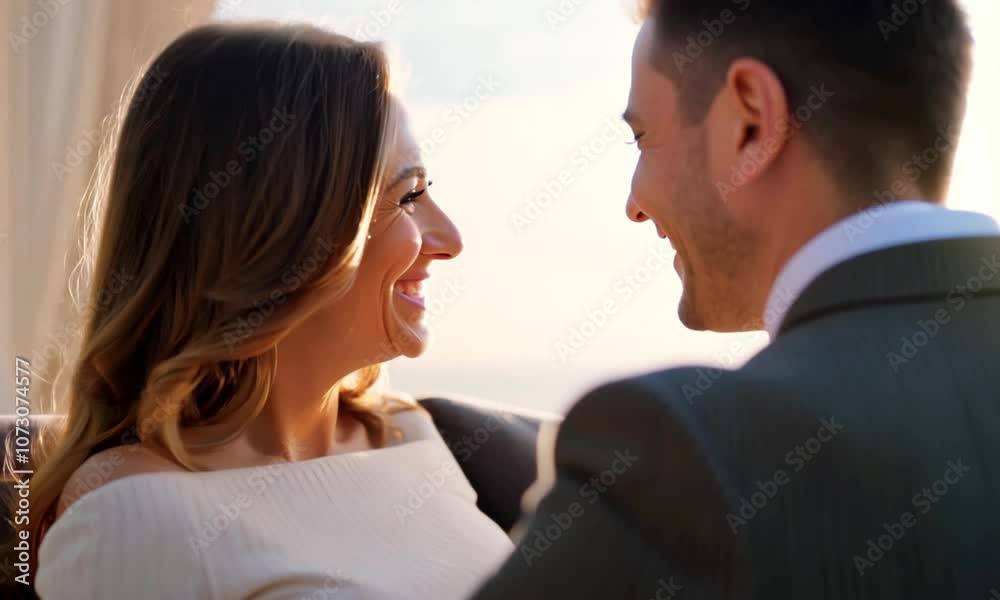 Smiling couple sharing a joyful moment outdoors, basking in the sunlight with a scenic background Smiling couple sharing a joyful moment outdoors, basking in the sunlight with a scenic background