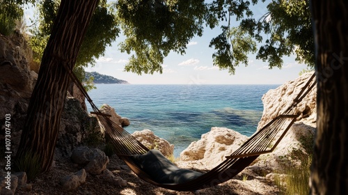 A hammock swaying gently between two trees, with the ocean stretching out beyond photo