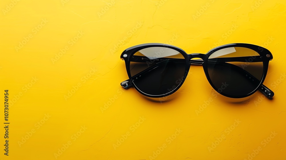 A pair of black round sunglasses on a yellow background. A pair of black round sunglasses on a yellow background.