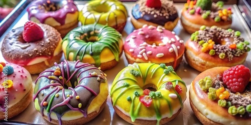 A delectable assortment of colorful donuts adorned with various toppings, showcasing a symphony of flavors and textures.