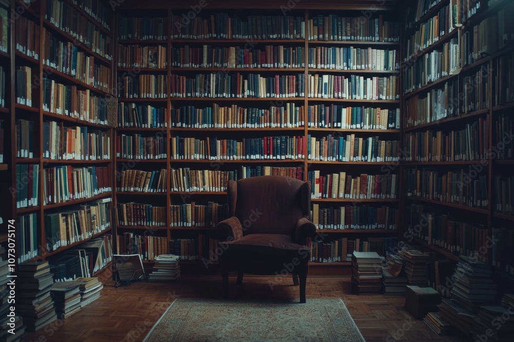 A Cozy and Inviting Library Filled with Endless Rows of Books and a Comfortable Leather Chair for A Cozy and Inviting Library Filled with Endless Rows of Books and a Comfortable Leather Chair for