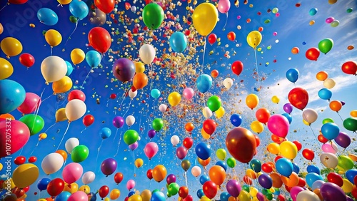 Confetti filled colorful balloons floating gently upwards against a bright blue sky on a sunny day background, sun, joyful, decorations, happy birthday, festive
